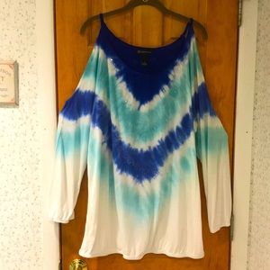 INC Cold shoulder turquoise/blue/white tie die 2X